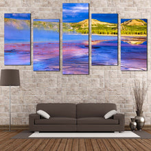Load image into Gallery viewer, Dramatic Sky Canvas Wall Art Purple Blue Grand Prismatic Spring Multi Canvas Green Trees Yellowstone National Park  5 Piece Canvas Print 
