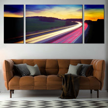 Load image into Gallery viewer, Dramatic  Sky  Canvas  Wall  Art  Red  Yellow  Car  Lights  3  Piece  Multi  Panel  Canvas  Blue  Sky  Light  Trail  Split  Canvas In Living Room
