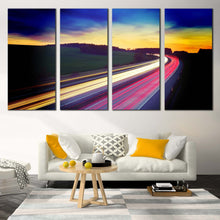 Load image into Gallery viewer, Dramatic Sky Canvas Wall Art Red Yellow Car Lights 4 Piece Multi Panel Canvas Blue Sky Light Trail Split Canvas For Living room
