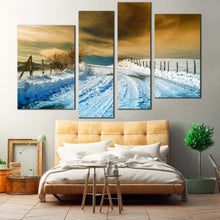 Load image into Gallery viewer, Dramatic Sky Canvas Wall Art White Road Snow Canvas Artwork Brown Sky Winter Scenery  4 Piece Canvas Print 
