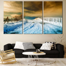 Load image into Gallery viewer, Dramatic Sky Canvas Wall Art White Road Snow Canvas Artwork Brown Sky Winter Scenery  3 Piece Canvas Print For Living Room
