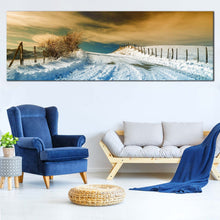 Load image into Gallery viewer, Dramatic  Sky  Canvas  Wall  Art  White  Road  Snow  Canvas  Artwork  Brown  Sky  Winter  Scenery  Panoramic  Canvas  Print For Living Room
