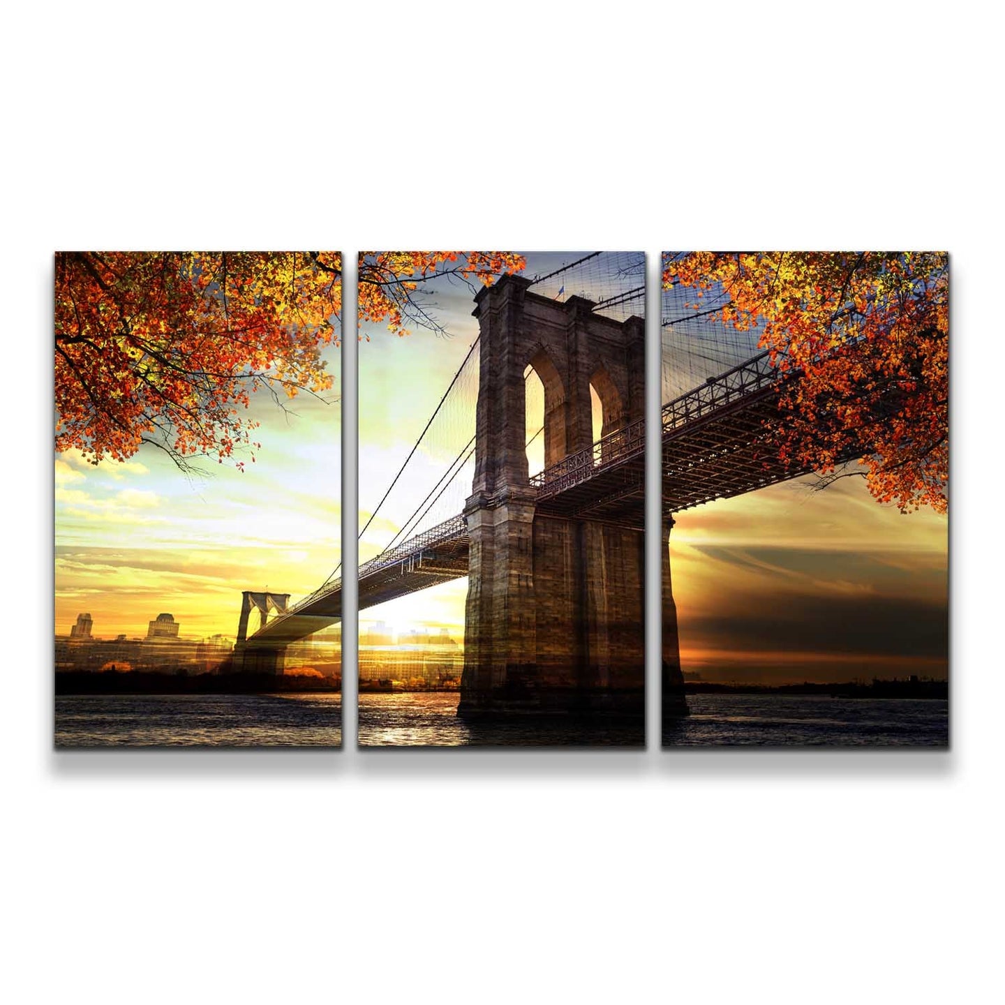 Dramatic Sunset Canvas Print Beautiful Brown Brooklyn Bridge 3 Piece Canvas Yellow New York City Sky Triptych Canvas Wall Art