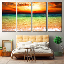 Load image into Gallery viewer, Dramatic Sunset Canvas Wall Art Orange Cloudy Sunset Ocean  4 Piece Canvas Green Sea Ocean Sky Canvas Print For Your Bedroom
