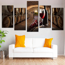 Load image into Gallery viewer, Drink Bottles Canvas Wall Art Old Wine Cellar Brown Barrels  5 Piece Canvas Print Red Wine Grapes Glass Canvas Art 
