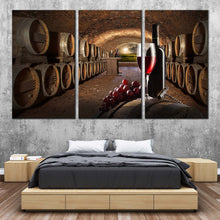 Load image into Gallery viewer, Drink Bottles Canvas Wall Art Old Wine Cellar Brown Barrels Triptych Canvas Print Red Wine Grapes Glass 3 Piece Multi Canvas For Bedroom
