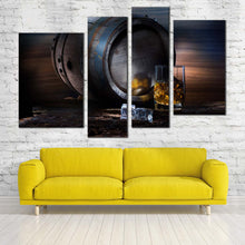 Load image into Gallery viewer, Drink Glass Canvas Wall Art Yellow Whisky On The Rocks 4 Piece Multi Panel Canvas Brown Barrel Ice Cubes Canvas Print
