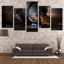 Load image into Gallery viewer, Drink Glass Canvas Wall Art Yellow Whisky On The Rocks 5 Piece Multi Panel Canvas Brown Barrel Ice Cubes Canvas Print 
