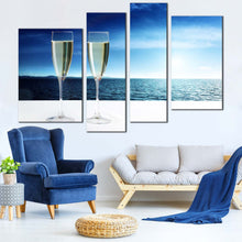 Load image into Gallery viewer, Drink Glasses Canvas Wall Art Champagne Blue Ocean View Canvas Print Champagne White Clouds Sky Sea Living Room 4 Piece Canvas
