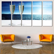 Load image into Gallery viewer, Drink Glasses Canvas Wall Art Champagne Blue Ocean View Canvas Print Champagne White Clouds Sky Sea  5 Piece Canvas In Living Room
