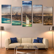 Load image into Gallery viewer, Dubai City Canvas Wall Art Brown City Skyline Seascape Multiple Canvas Green Umm Suqeim Beach  5 Piece Canvas Print
