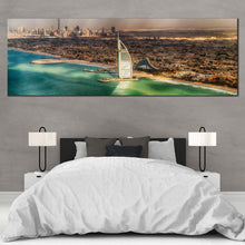 Load image into Gallery viewer, Dubai  City  Canvas  Wall  Art  Brown  City  Skyline  Seascape  Wide  Canvas  Green  Umm  Suqeim  Beach  Bedroom  1  Piece  Canvas  Print In Bedroom
