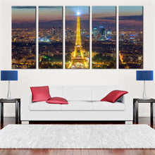 Load image into Gallery viewer, Eiffel Tower Amazing Evening Paris City Skyline 5 piece multi panel canvas wall art In Living Room
