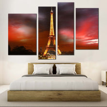 Load image into Gallery viewer, Eiffel Tower Canvas Print Paris Red Sky City Night  4 Piece Canvas Wall Art
