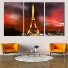 Load image into Gallery viewer, Eiffel Tower Canvas Print Paris Red Sky City Night  3 Piece Canvas Yellow Tower Lights Cityscape Canvas Wall Art In Living Room
