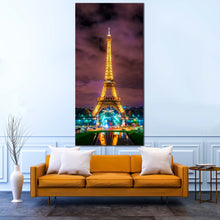 Load image into Gallery viewer, Eiffel  Tower  Canvas  Wall  Art  Dramatic  Cloudy  Sky  Cityscape  1  Piece  Living  Room  Vertical  Canvas  Paris  Green  Blue  City  Lights  Canvas  Print In Living Room
