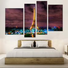 Load image into Gallery viewer, Eiffel Tower Canvas Wall Art Dramatic Cloudy Sky Cityscape Bedoom 4 Piece Canvas Paris Green Blue City Lights Canvas Print
