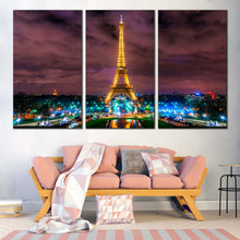 Load image into Gallery viewer, Eiffel Tower Canvas Wall Art Dramatic Cloudy Sky Cityscape  3 Piece Canvas Paris Green Blue City Lights Canvas Print In Living room
