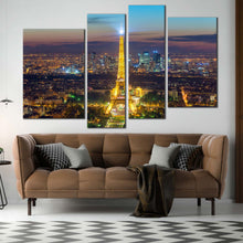 Load image into Gallery viewer, Eiffel Tower Lights Paris city in evening 4 panel canvas artwork In Living Room
