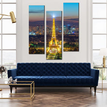 Load image into Gallery viewer, Eiffel  tower  at  dusk  paris  triptych  canvas  print In Living Room
