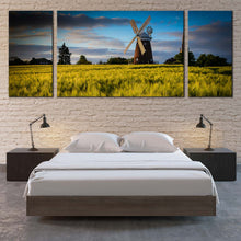 Load image into Gallery viewer, English  Windmill  Canvas  Wall  Art  Green  Field  Trees  Windmill  Scenery  3  Piece  Multi  Canvas  Artwork  Cloudy  Blue  Sky  Old  Windmill  Triptych  Canvas  Print For Bedroom
