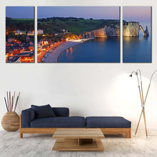 Load image into Gallery viewer, Etretat Beach Canvas Wall Art Blue Normandy Sea Canvas Print Green France Cliff Village 3 Piece Multi Canvas Artwork In Living Room
