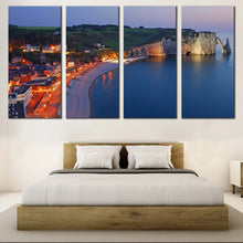 Load image into Gallery viewer, Etretat Beach Canvas Wall Art Blue Normandy Sea Canvas Print Green France Cliff Village 4 Piece Multi Canvas For Your Bedroom
