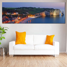 Load image into Gallery viewer, Etretat Beach Canvas Wall Art Blue Normandy Sea Wide Canvas Print Green France Cliff Village Living Room Panoramic Canvas Artwork in living room
