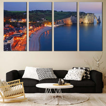 Load image into Gallery viewer, Etretat Cliff Canvas Print Green Village Cliff Ocean Canvas Wall Art Blue Normandy France City Beach  4 Piece Canvas Set In Living room
