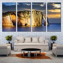 Load image into Gallery viewer, Etretat Ocean Canvas Wall Art Falaise d Amont Cliff  4 Piece Canvas Print Blue Cliff Beach Multi Canvas Normandy France Yellow Ocean Mountains For Living room
