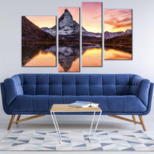 Load image into Gallery viewer, Europe Mountain Canvas Wall Art Yellow Sky Riffelsee Lake 4 Piece Multiple Canvas Switzerland White Matterhorn Mountain Canvas Print
