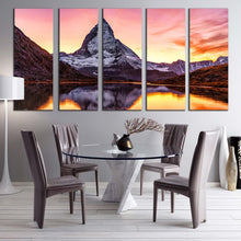 Load image into Gallery viewer, Europe Mountain Canvas Wall Art Yellow Sky Riffelseelake 5 Piece Multiple Canvas Switzerland White Matterhorn Mountain Canvas Print For Dining Room
