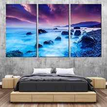 Load image into Gallery viewer, Europe Ocean Canvas Print Blue Ocean Beach  3 Piece Canvas Wall Art Beautiful Purple Overcast Sky Multi Canvas For Bedroom

