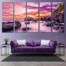 Load image into Gallery viewer, Fiji Ocean Canvas Wall Art Orange Ocean Rocks 5 Piece Canvas  Tokoriki Island Canvas Artwork Purple Matamanoa Beach Canvas Print For Living room
