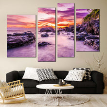 Load image into Gallery viewer, Fiji Ocean Canvas Wall Art Orange Ocean Rocks  4 Piece Canvas Tokoriki Island Canvas Artwork Purple Matamanoa Beach Canvas Print 

