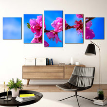 Load image into Gallery viewer, Floral Branch Canvas Print Pink Flowers Blossom Digital Painting 5 Piece Canvas Blue Sky Blossoming Branch Multi Canvas For Living Room
