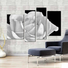 Load image into Gallery viewer, Flowering Blooming Canvas Wall Art White Rose Digital Painting 4 Piece Canvas Black Background Close Up Flower Canvas Print
