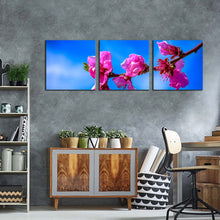 Load image into Gallery viewer, Floral Branch Canvas Print Pink Flowers Blossom Digital Painting 3 Piece Canvas Blue Sky Blossoming Branch Multi Canvas In Living Room
