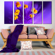 Load image into Gallery viewer, Flowers Closeup Canvas Wall Art Isolated Purple Floral 5 Piece Canvas Print Yellow Pistil Canvas Set In Living room
