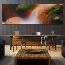 Load image into Gallery viewer, Flowing  Waterfall  Canvas  Print  Flowing  Water  in  The  River  Wide  Canvas  Orange  Green  Mossy  Rock  Waterfall  Living  Room  1  Piece  Canvas  Wall  Art In Dinning Room
