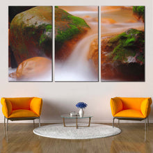 Load image into Gallery viewer, Flowing Waterfall Canvas Print Orange Green Mossy Rock Waterfall  3 Piece Canvas Wall Art For Living room
