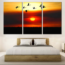 Load image into Gallery viewer, Flying Birds Canvas Print Yellow Sky Birds Flock  3 Piece Canvas Wall Art Beautiful Orange Sunset Triptych Multi Canvas For Bedroom
