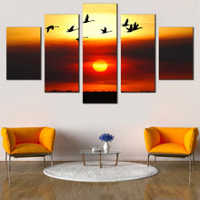 Load image into Gallery viewer, Flying  Birds  Canvas  Print  Yellow  Sky  Birds  Flock  Living  Room  5  Piece  Canvas  Wall  Art  Beautiful  Orange  Sunset  Multi  Canvas In Living Room
