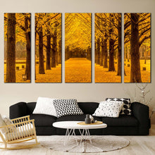 Load image into Gallery viewer, Forest Path Canvas Print Orange Autumn Forest Canvas Wall Art Orange Autumn Road 5 Piece Multi Canvas Artwork In Living Room

