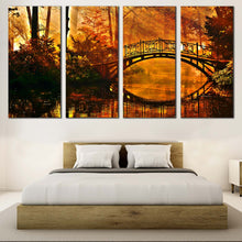 Load image into Gallery viewer, Forest Bridge Canvas Print Green Autumn Trees Mystric Park 4 Piece Canvas Yellow Orange Forest Sunshine Canvas Wall Art For Bedroom
