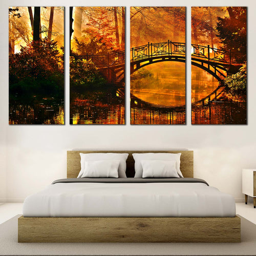 Forest Bridge Canvas Print Green Autumn Trees Mystric Park 4 Piece Canvas Yellow Orange Forest Sunshine Canvas Wall Art For Bedroom