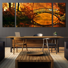 Load image into Gallery viewer, Forest  Bridge  Canvas  Print  Green  Autumn  Trees  Mystric  Park  Dining  Room  3  Piece  Canvas  Yellow  Orange  Forest  Sunshine  Canvas  Wall  Art In Dining Room
