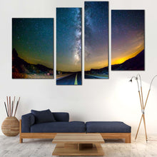 Load image into Gallery viewer, Forest Road Canvas Wall Art Blue Milky Way Sky  4 Piece Canvas Print Yellow Scenery Sunset Multi Canvas
