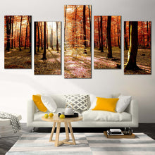 Load image into Gallery viewer, Forest Scenery Canvas Print Orange Autumn Trees Sunrise Multi Panel Canvas Green Fields Forest  5 Piece Canvas Wall Art
