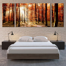 Load image into Gallery viewer, Forest  Scenery  Canvas  Print  Orange  Autumn  Trees  Sunrise  Triptych  Canvas  Set  Green  Fields  Forest 3  Piece  Canvas  Wall  Art For Bedroom
